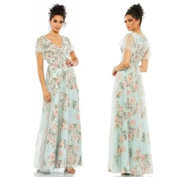 MAC DUGGAL Floral Flutter Sleeve V Neck Maxi Dress Size 8 #70125 Blue Green Pink - Picture 2 of 8